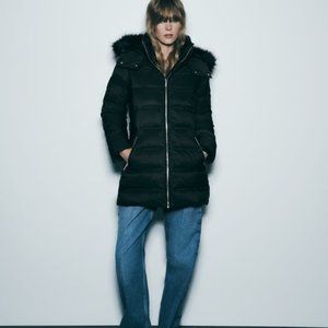 Zara Black Puffer Coat with Fur Hood